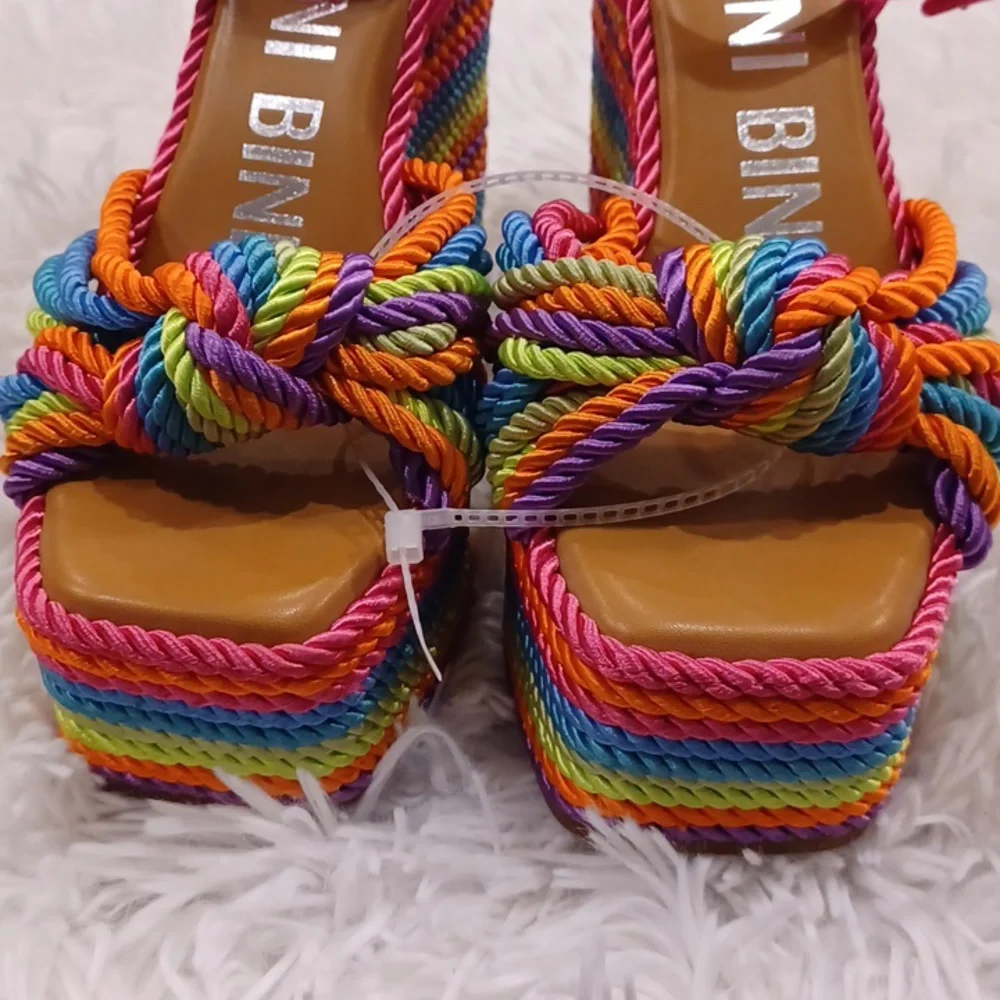 Gianni Bini Rainbow Striped Platform Sandals with Pink Straps